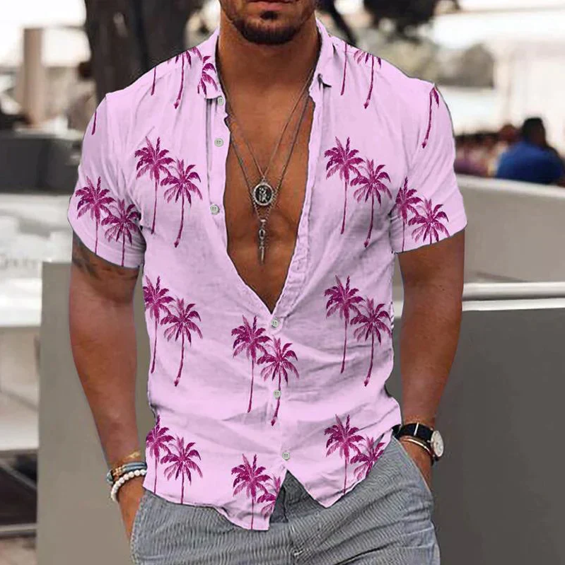 Short-sleeve shirt with button placket for men - Relaxed fit - Tropical palm print