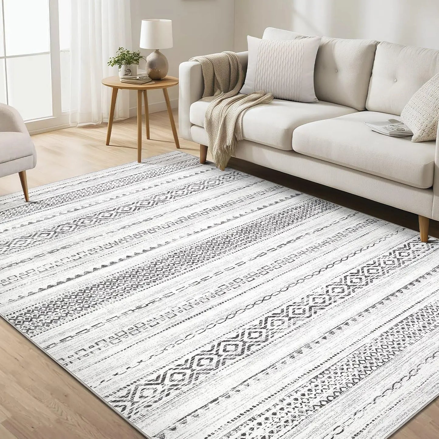 Washable Boho Farmhouse Bohemian Neutral Large Moroccan Geometric Soft No Slip Indoor Thin Floor Carpet for Bedroom Under Dining