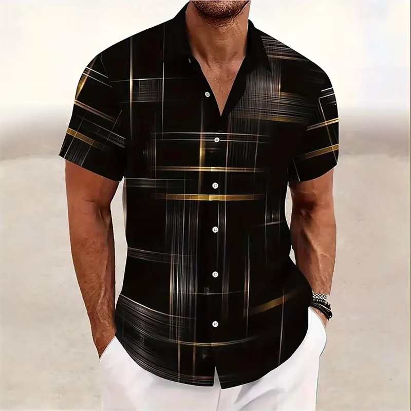 TrendAura Men's 3D Geometric Plaid Short Sleeve Button Down Shirt For Modern Casual Style