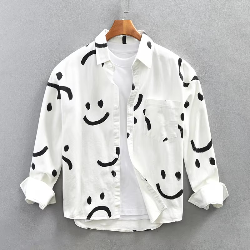 Mens 100 Percent Cotton Long Sleeve Thick Overshirt Workwear Top With Graphic Smiley Pattern