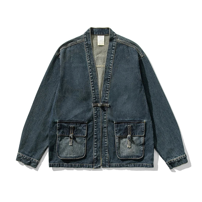 Shinjuku Ronin Denim Kimono Jacket For Men With Wide Sleeves And Large Front Pockets TrendAura