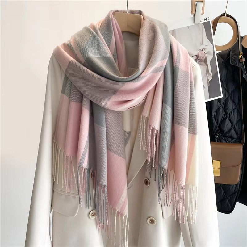 Cozy Cashmere Plaid Winter Scarf for Women, Thick Pashmina Shawl with Tassels
