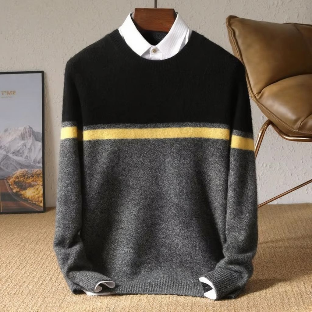 TrendAura Men's 100% Merino Wool Sweater With Contrast Panel Design For Warmth And Breathable Comfort