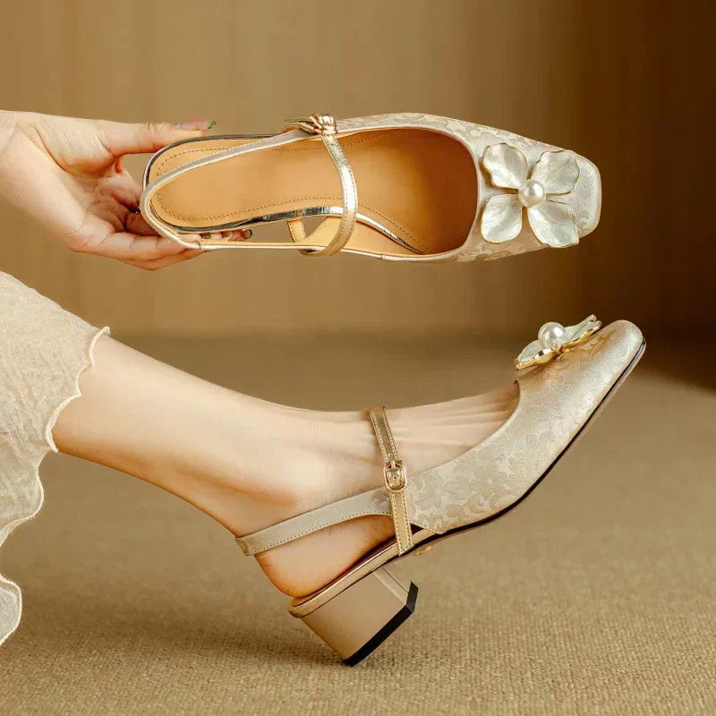 Women's Floral Slingback Pumps with Square Toe and Block Heel