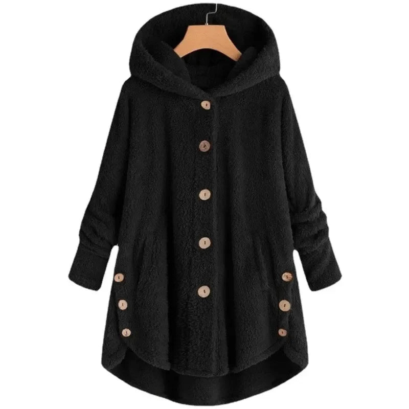Women’s Fleece Jacket – Relaxed Fit – Hooded – Button Front – Plush Texture – Pockets