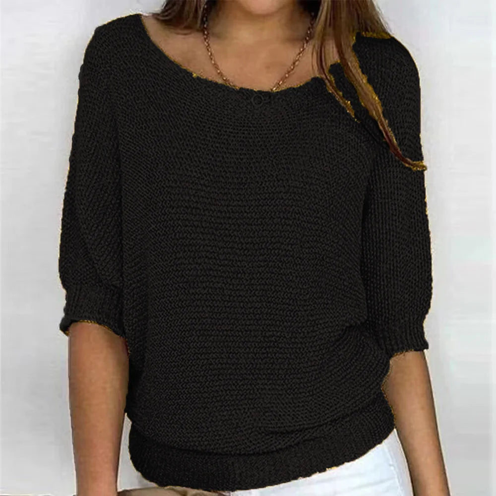 Women's Knit Sweater - Loose Fit - Round Neck - 3/4 Sleeves - Soft and Comfortable