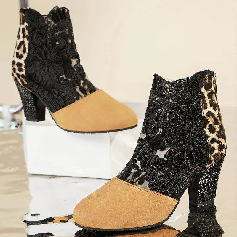 Women's High Heels with Lacy Design and Mesh Accents