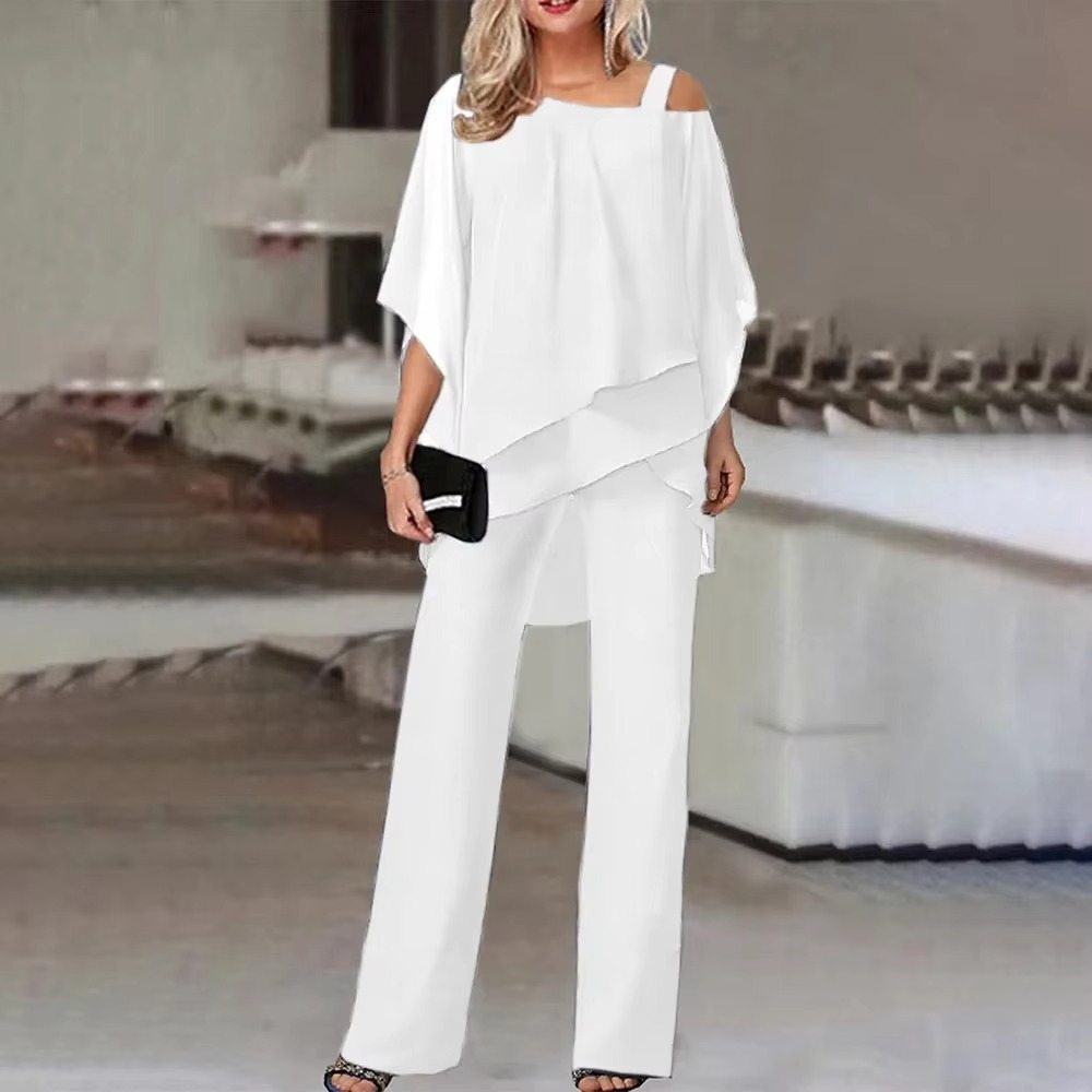 Women's Summer Two-Piece Set, Bat Sleeve Camisole Top with Sloping Shoulder and Loose Casual Irregular Pants