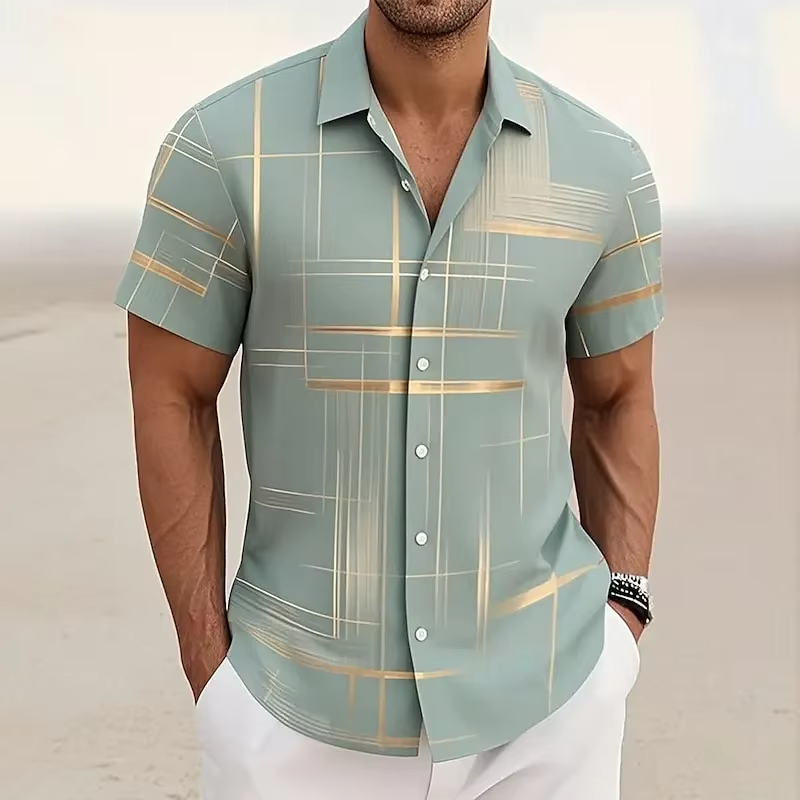 TrendAura Men's 3D Geometric Plaid Short Sleeve Button Down Shirt For Modern Casual Style