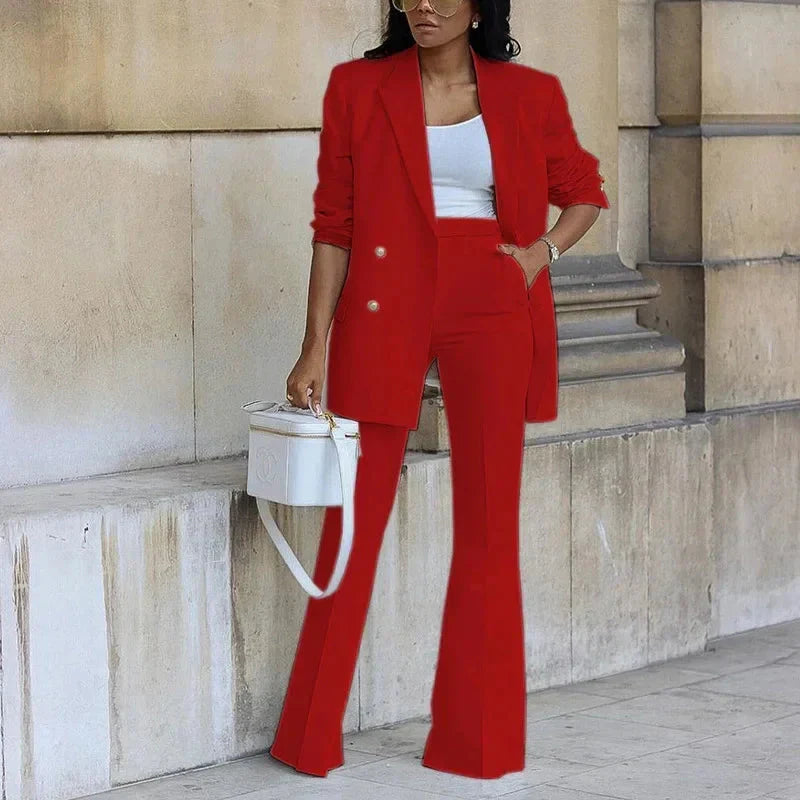 Tailored Double-Breasted Long Blazer and Flared Trousers Set for Women – Elegant Formal Style