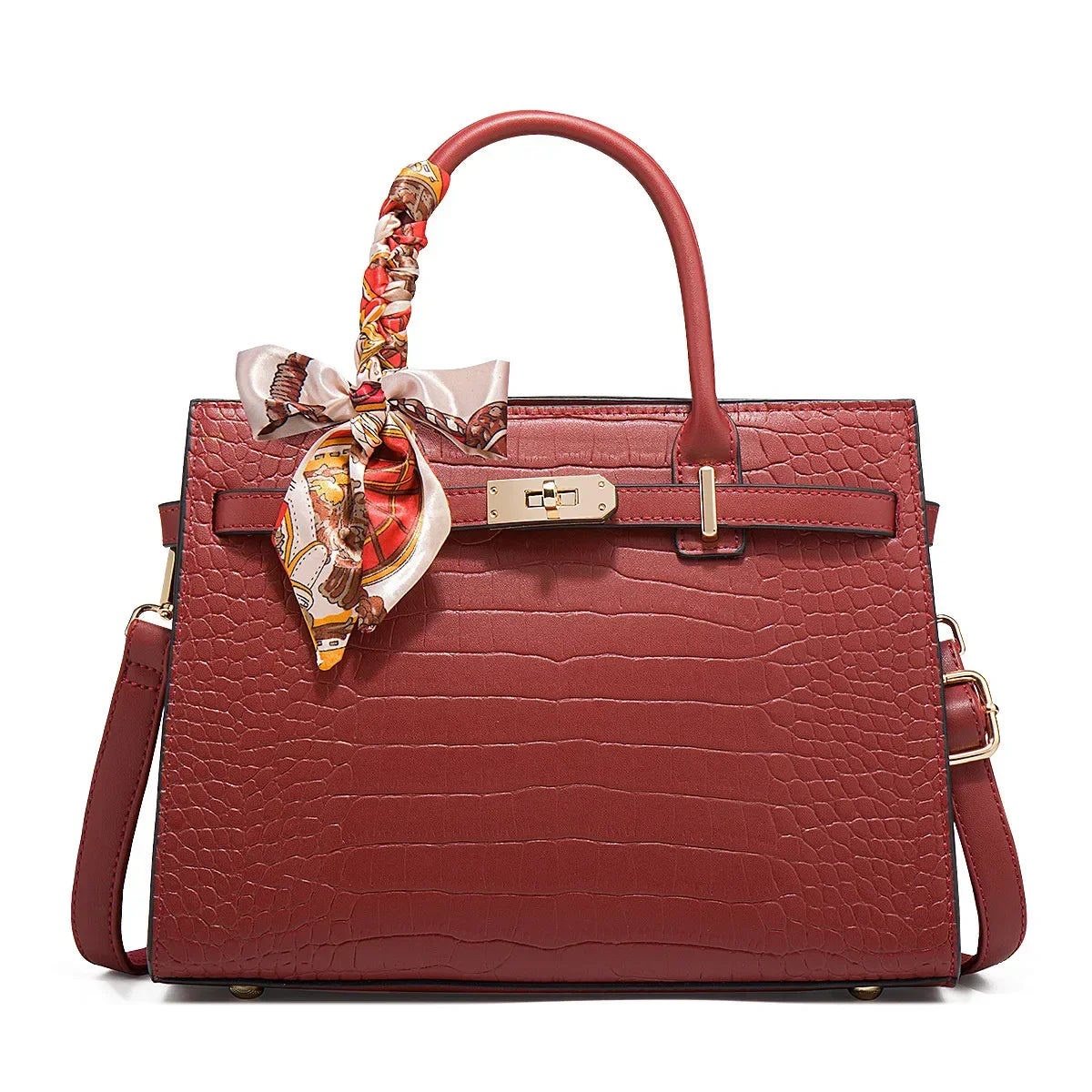 TrendAura Guiliana Davoli Croc Bag Vegan Leather Midi Structured Handbag with Scarf Accent and Gold Buckle