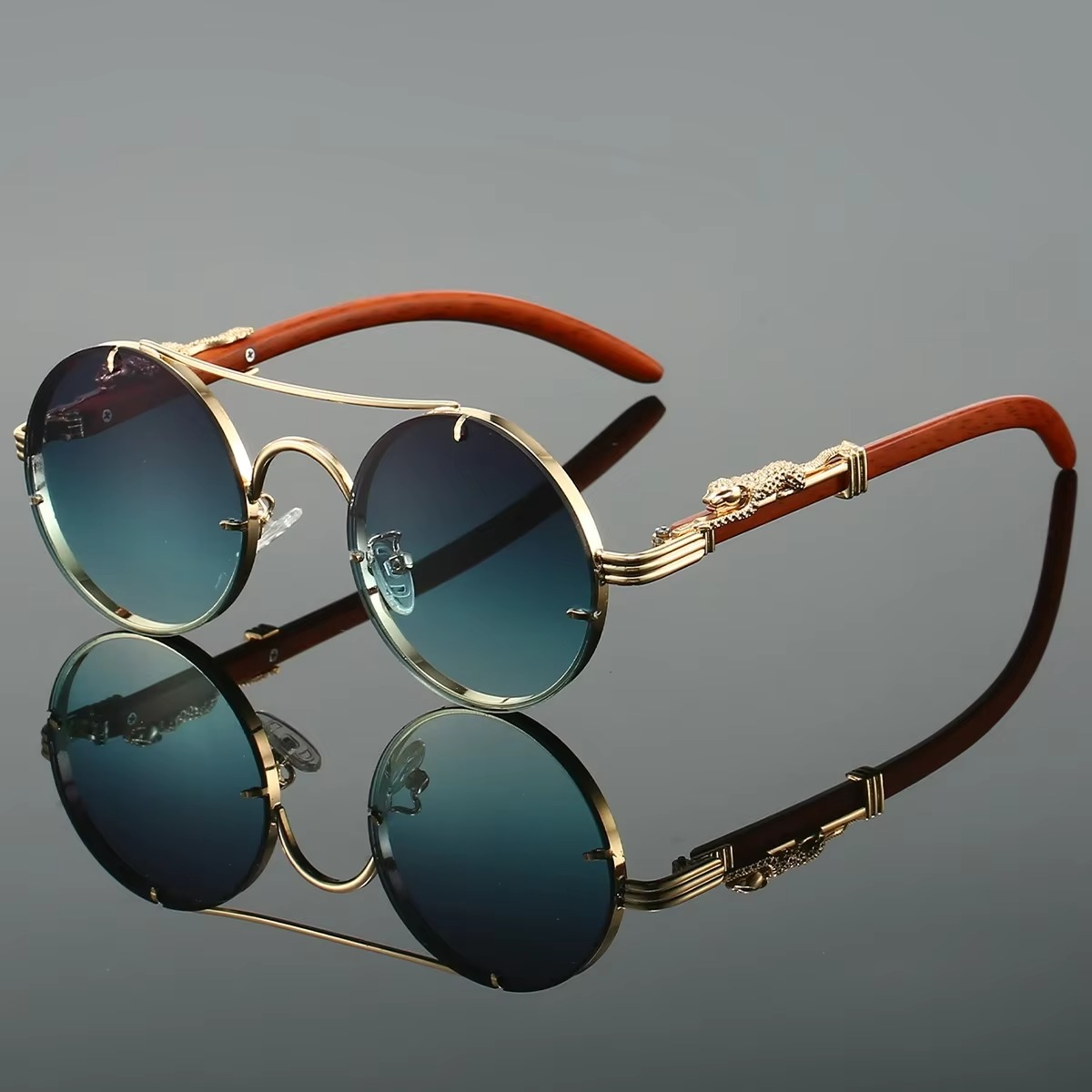 Vintage Round Sunglasses With Double Bridge Unisex Gold Tone Frame Red Tinted Lenses By TrendAura