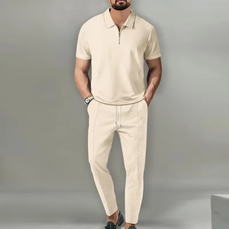 Mens 2 Piece Solid Color Waffle Collar Short Sleeve Zip Polo And Drawstring Pants Set