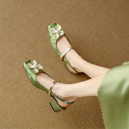 Women's Floral Pumps with Block Heel and Jacquard Strap