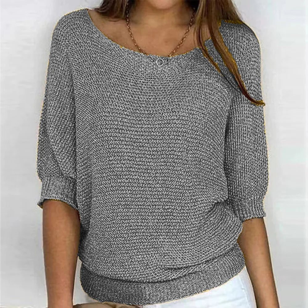 Women's Knit Sweater - Loose Fit - Round Neck - 3/4 Sleeves - Soft and Comfortable