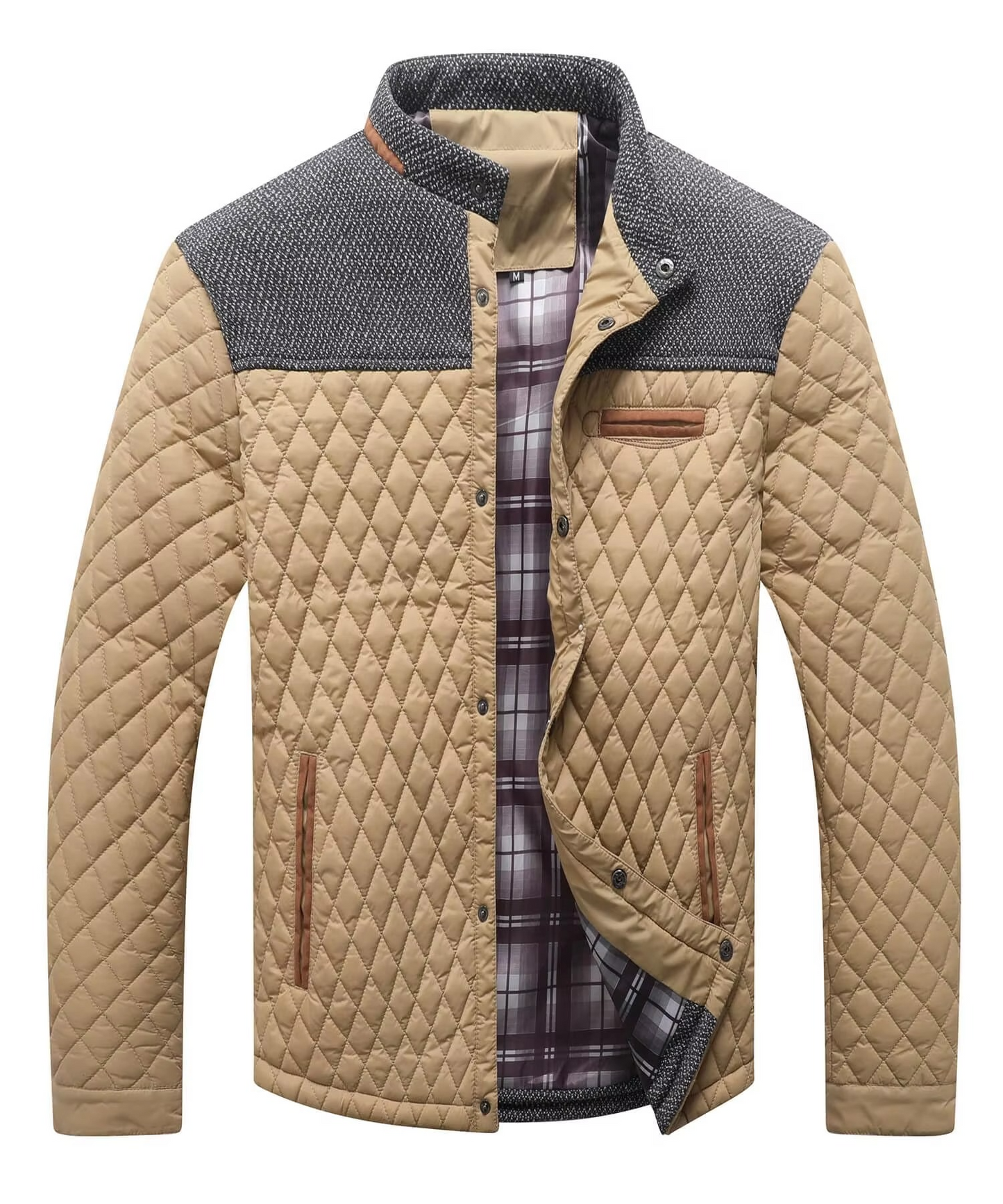 TrendAura Men's Diamond Quilted Lightweight Bomber Jacket Overshirt With Contrast Grey Yoke And Pockets