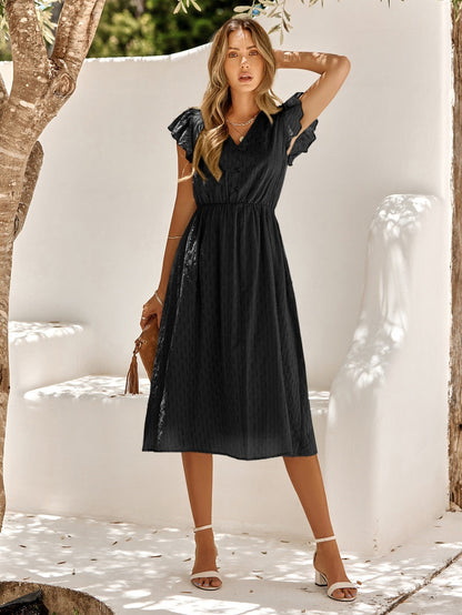 Women's Dress - V-Neck - Buttons & Ruffle Sleeves - Midi Length - Light & Breathable