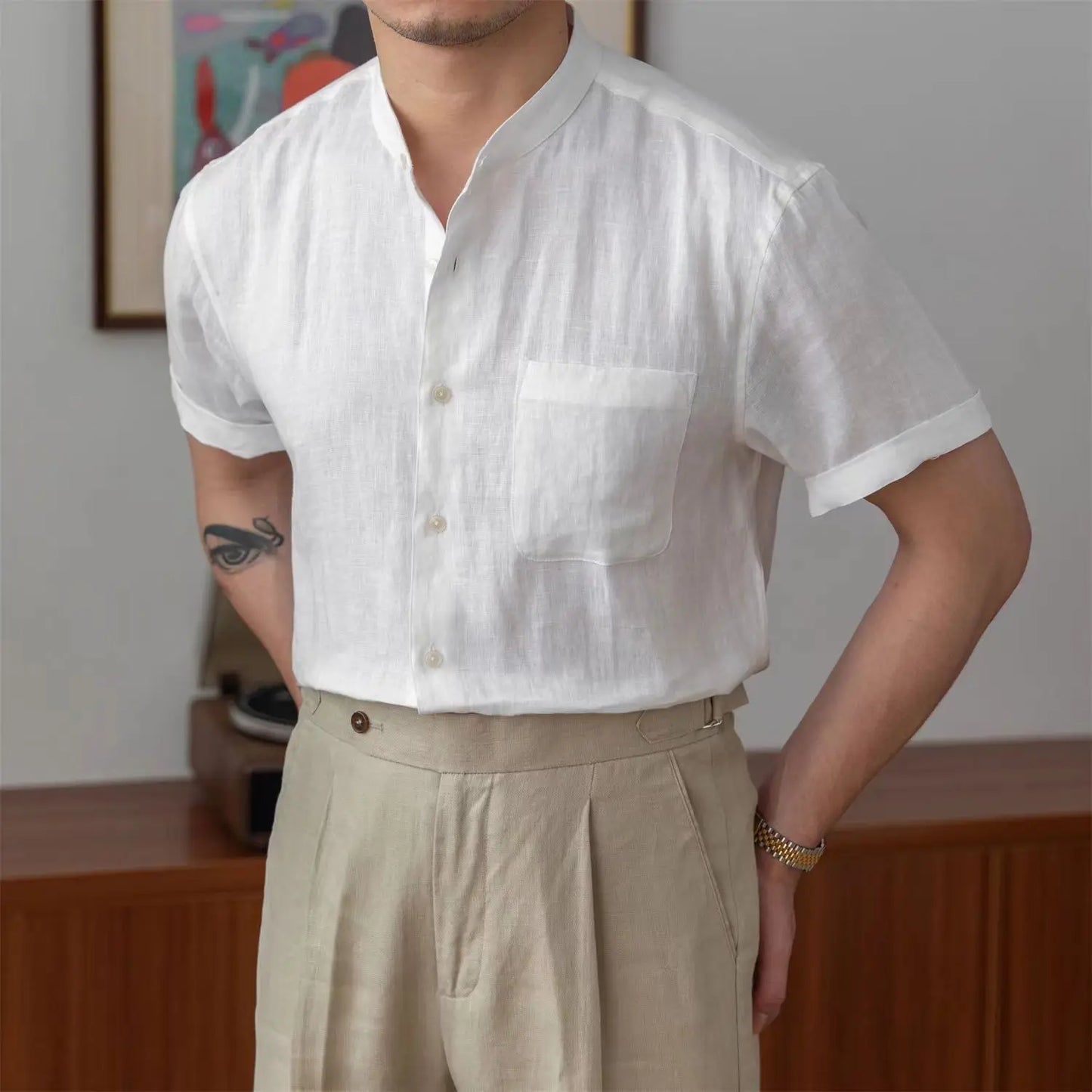 Men's Linen Shirt With Mandarin Collar Relaxed Fit Long Sleeve Button Closure TrendAura