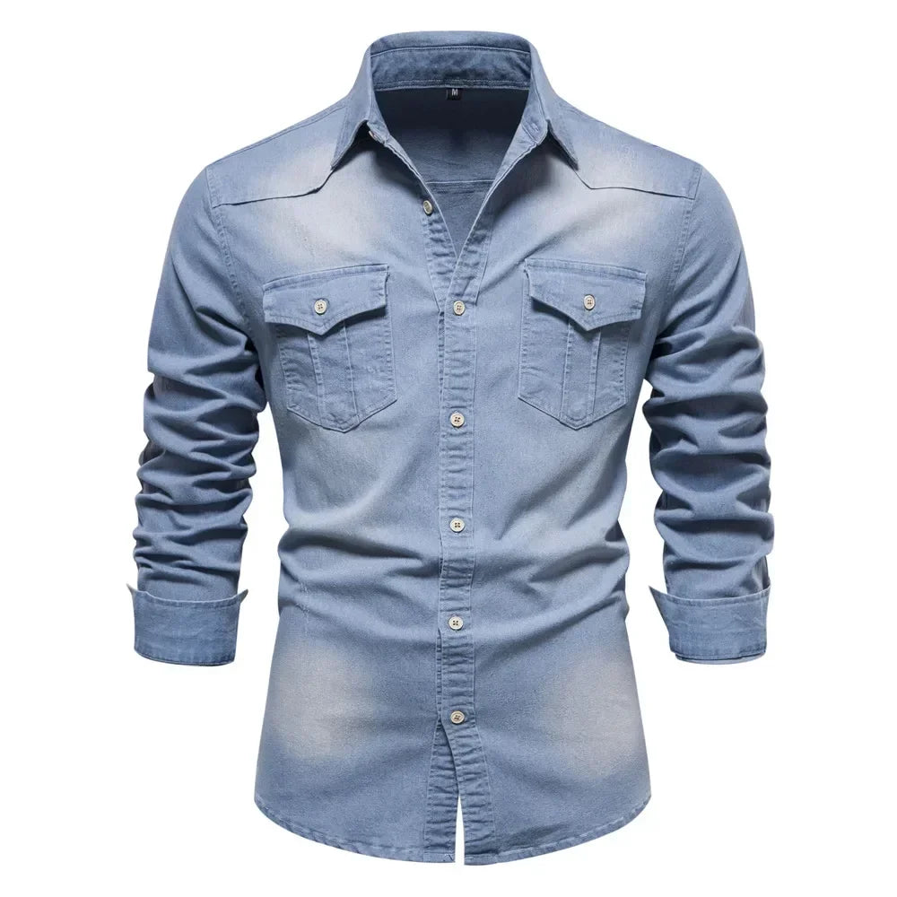 Hunter Mens Light Blue Denim Button Up Shirt For Casual Sophistication And Everyday Style By TrendAura