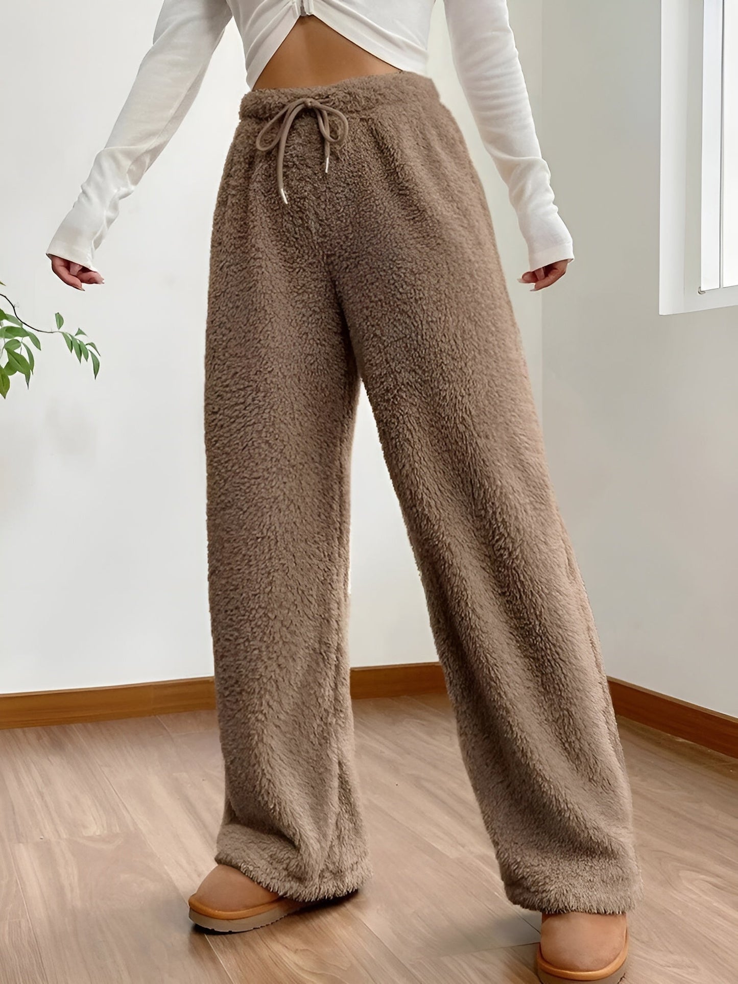 Cozy Womens Sherpa Fleece Pants With High Waist Cinch Wide Leg Comfort Machine Washable