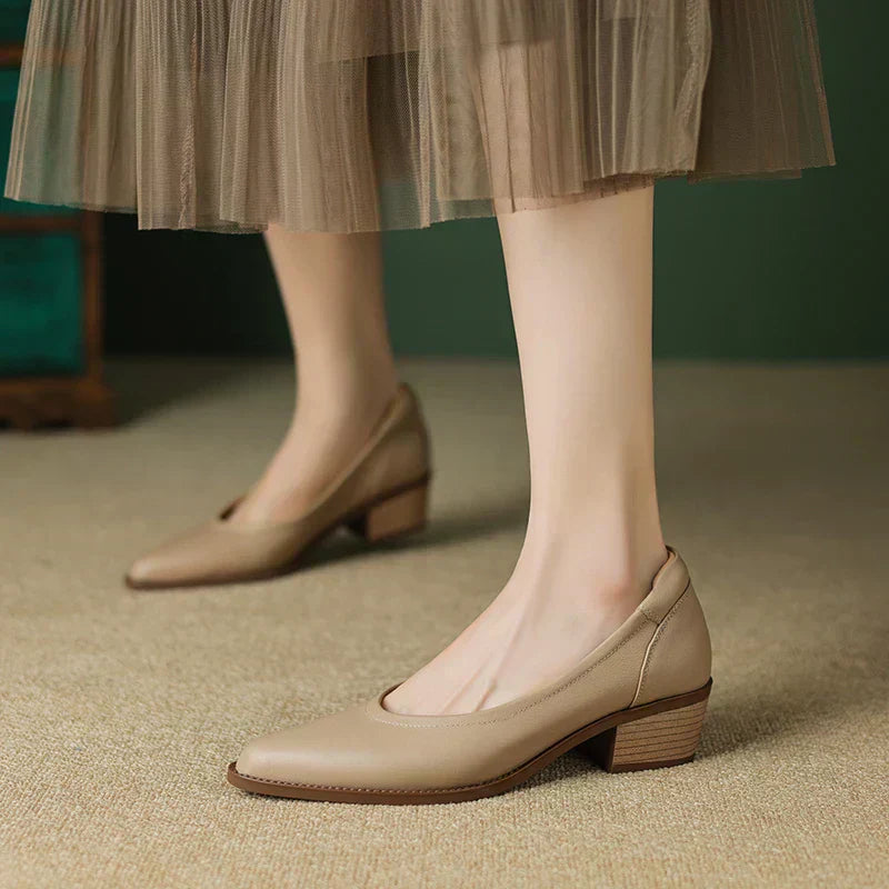 Women's Slip-On Mid Heel Pumps with Pointed Toe and Block Heel