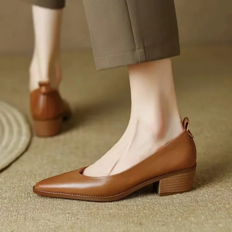 Women's Slip-On Work Shoes with Block Heel and Pointed Toe