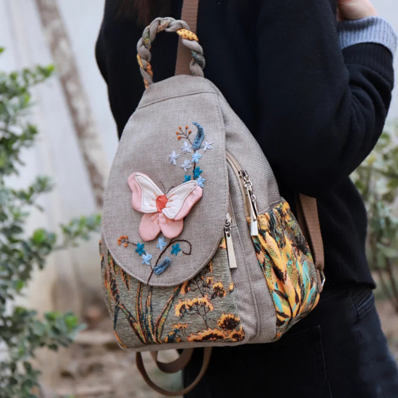 TrendAura Mariposa Petal Handwoven Bag With Embroidered Butterfly And Multi Pocket Storage