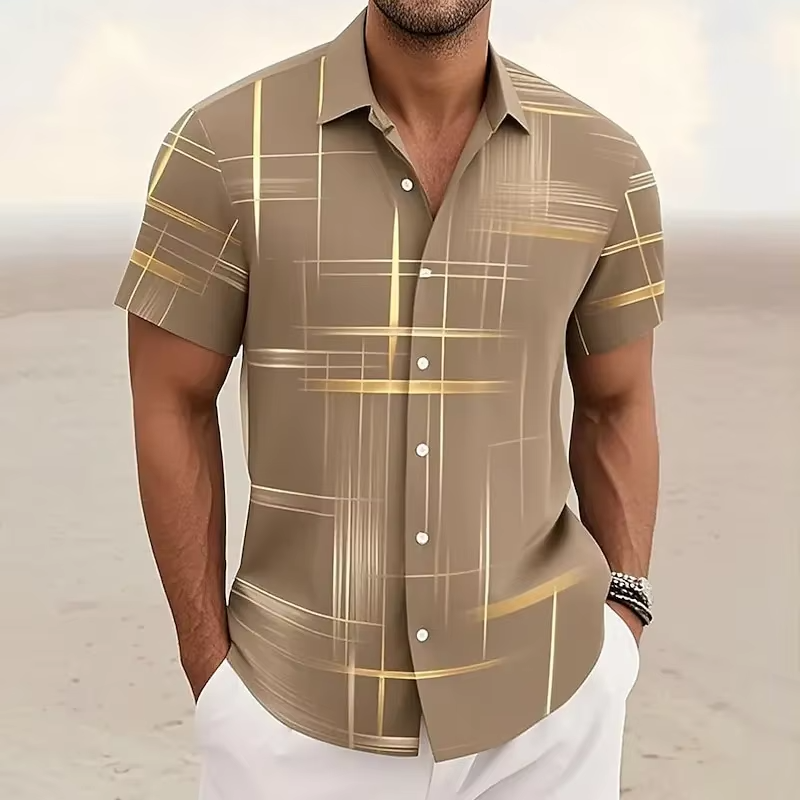 TrendAura Men's 3D Geometric Plaid Short Sleeve Button Down Shirt For Modern Casual Style