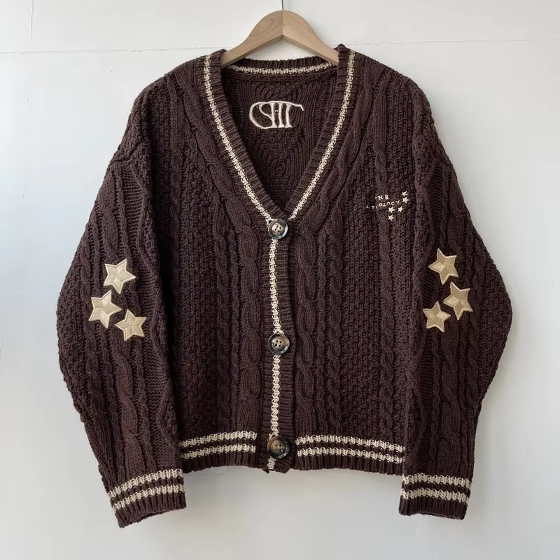 Autumn Red Maple Leaf Embroidered Knit Cardigan for Women