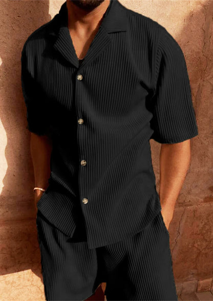 Max Men's Corduroy 2 Piece Summer Set With Stretchy Fabric Shirt And Shorts For Beach And Leisure