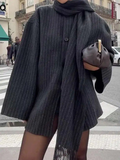 Women’s Short Jacket – Wool – Relaxed Fit – Striped – Single Breasted with Scarf