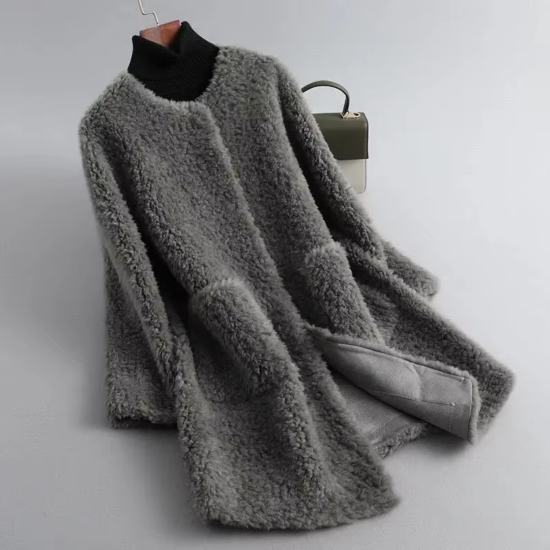 2025 Winter Women’s Mid Length Plush Faux Lamb Fur Coat Cardigan