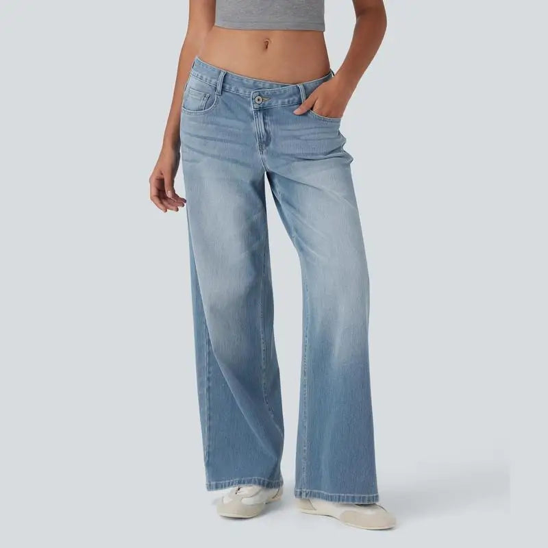TrendAura Serenity Baggy Wide-Leg Jeans - Relaxed Comfort, Vintage Wash, Low Rise