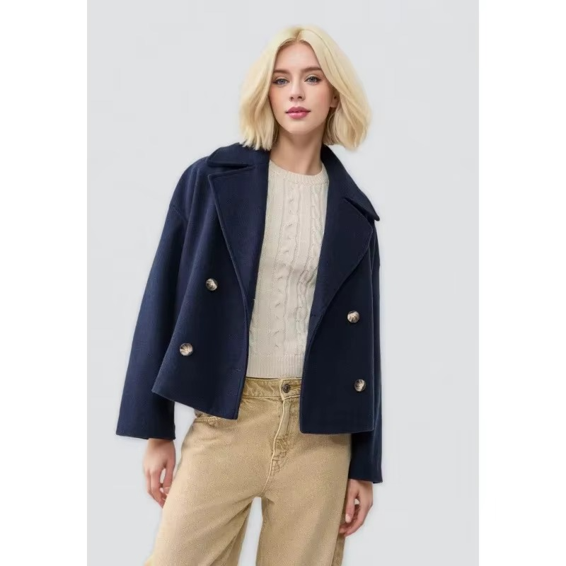 Women's Autumn Short Wool Blend Coat with Double Button Front and Turn-Down Collar
