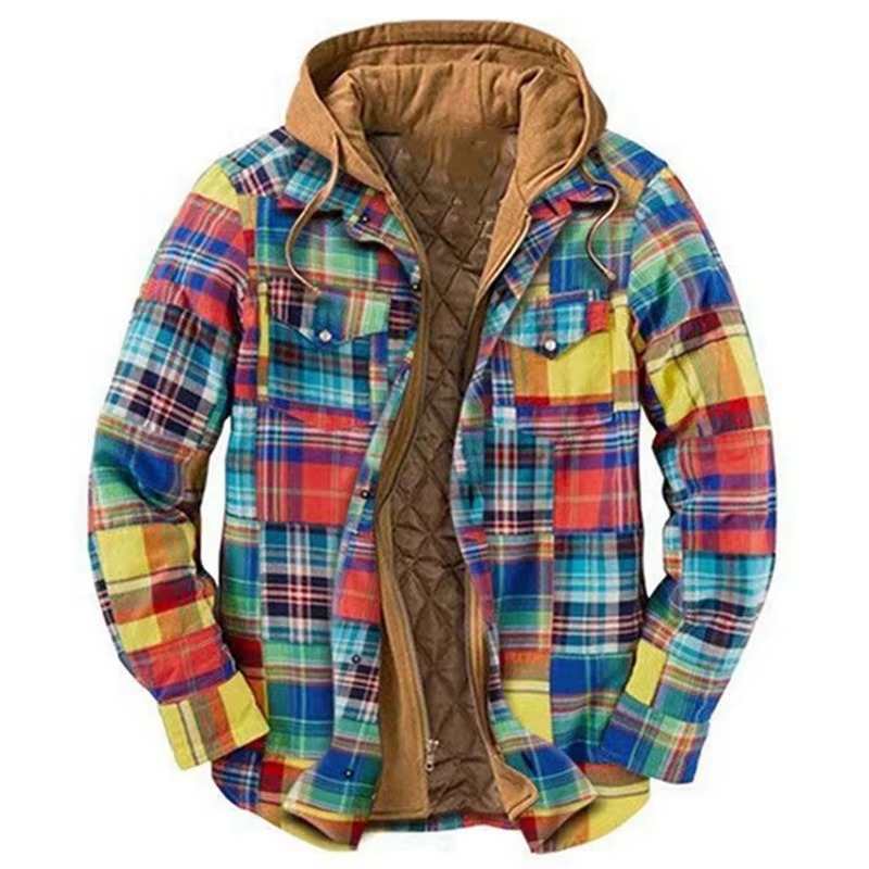 TrendAura Mens Patchwork Checkered Cotton Hooded Jacket Thick Warm Casual Coat American Flag Design Sizes S To 5XL