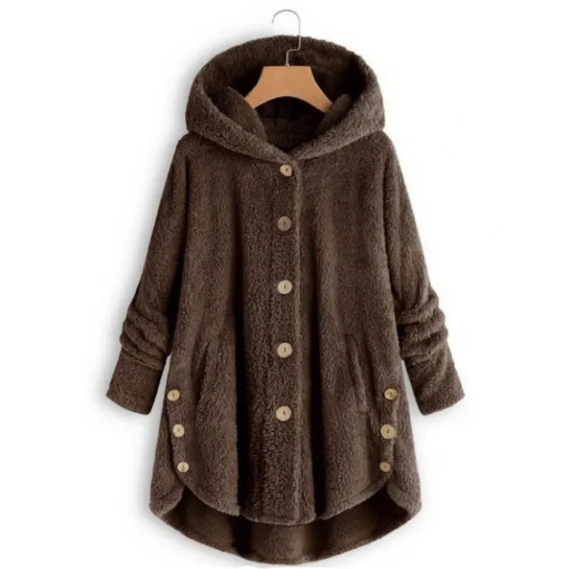Women’s Fleece Jacket – Relaxed Fit – Hooded – Button Front – Plush Texture – Pockets