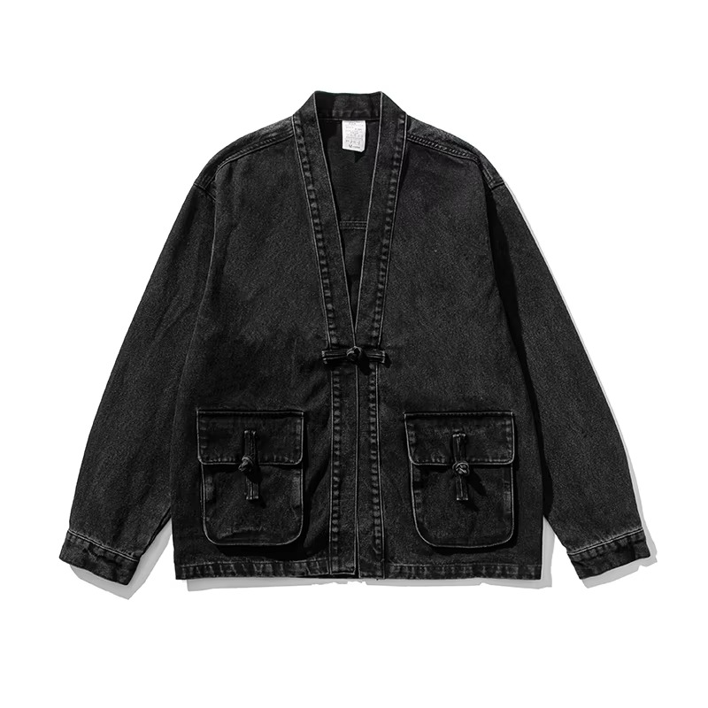 TrendAura Mens Vintage Denim Kimono Jacket With Front Pockets Streetwear Ready For Modern Casual