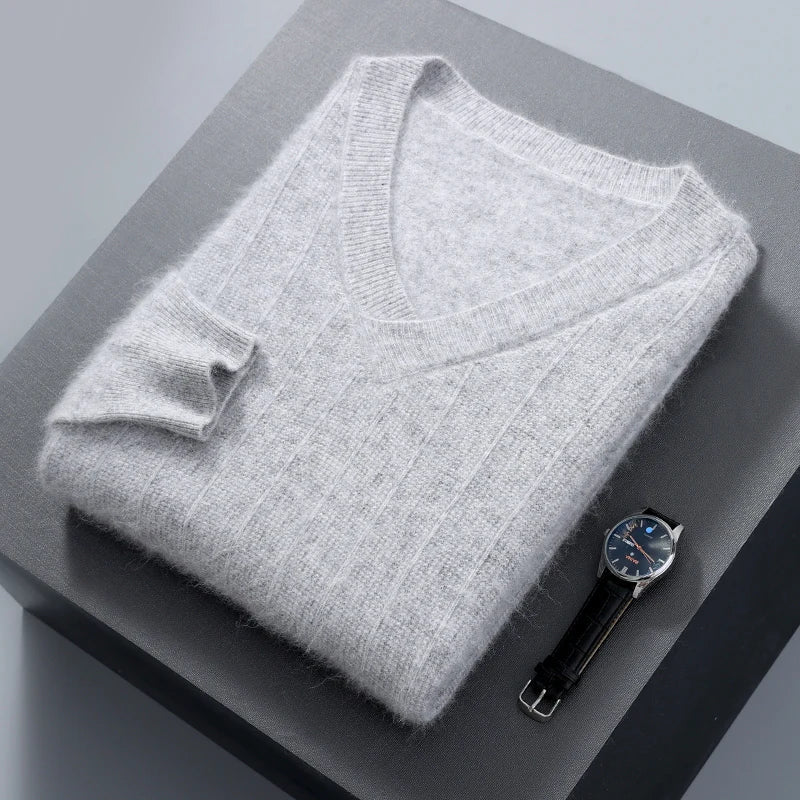 Nordisk Flair Mens Wool Blend V Neck Sweater Loose Fit Soft Knit Ribbed Hem Pullover
