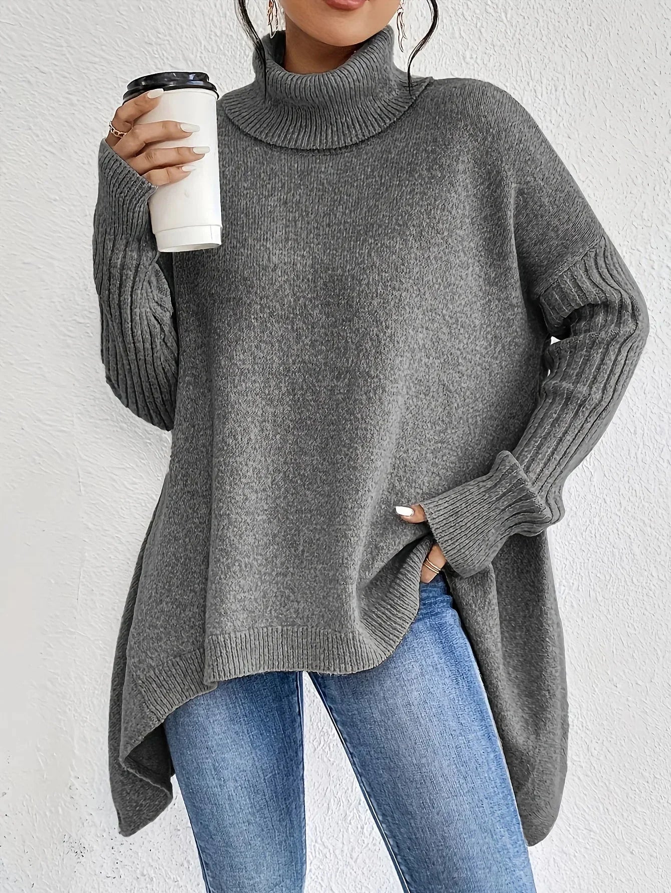 Relaxed Fit Asymmetrical Hem Turtleneck Sweater for Women – Cozy & Stylish Comfort