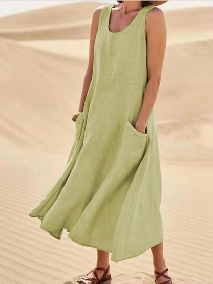 Women’s Cotton Linen Sleeveless Maxi Sundress with Pockets, Loose Fit Beachwear S-5XL