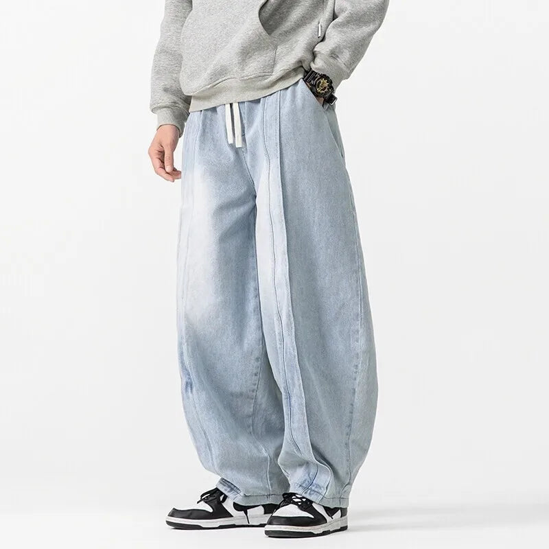 TrendAura Japanese Oversized Jeans - Dramatic 90s Baggy Fit With Pleated Front Seams And Adjustable Drawstring Waist
