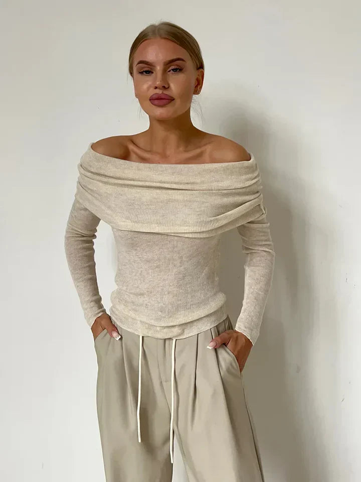 Women’s Off-Shoulder Sweatshirt – Ribbed Knit – Fitted Silhouette – Long Sleeve Top