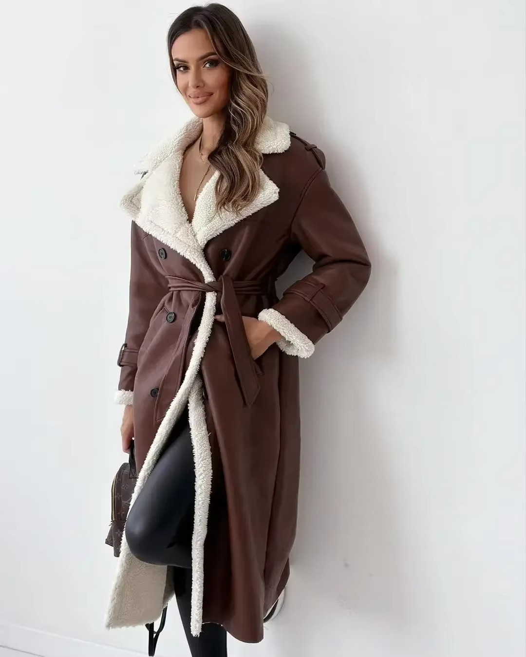 Women’s PU Leather Plush Double-Breasted Trench Coat with Stand Collar