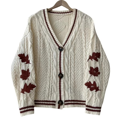 Autumn Red Maple Leaf Embroidered Knit Cardigan for Women