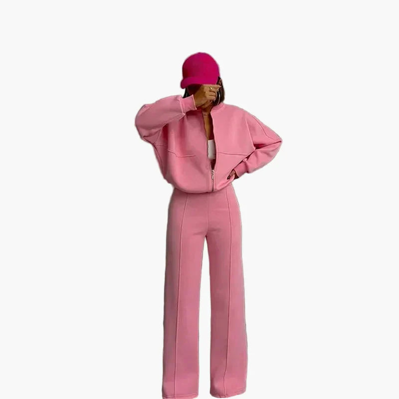 Women's Oversize Casual Suit Two-Piece with Wide Pants and Zipper Jacket – Casual Streetwear Look