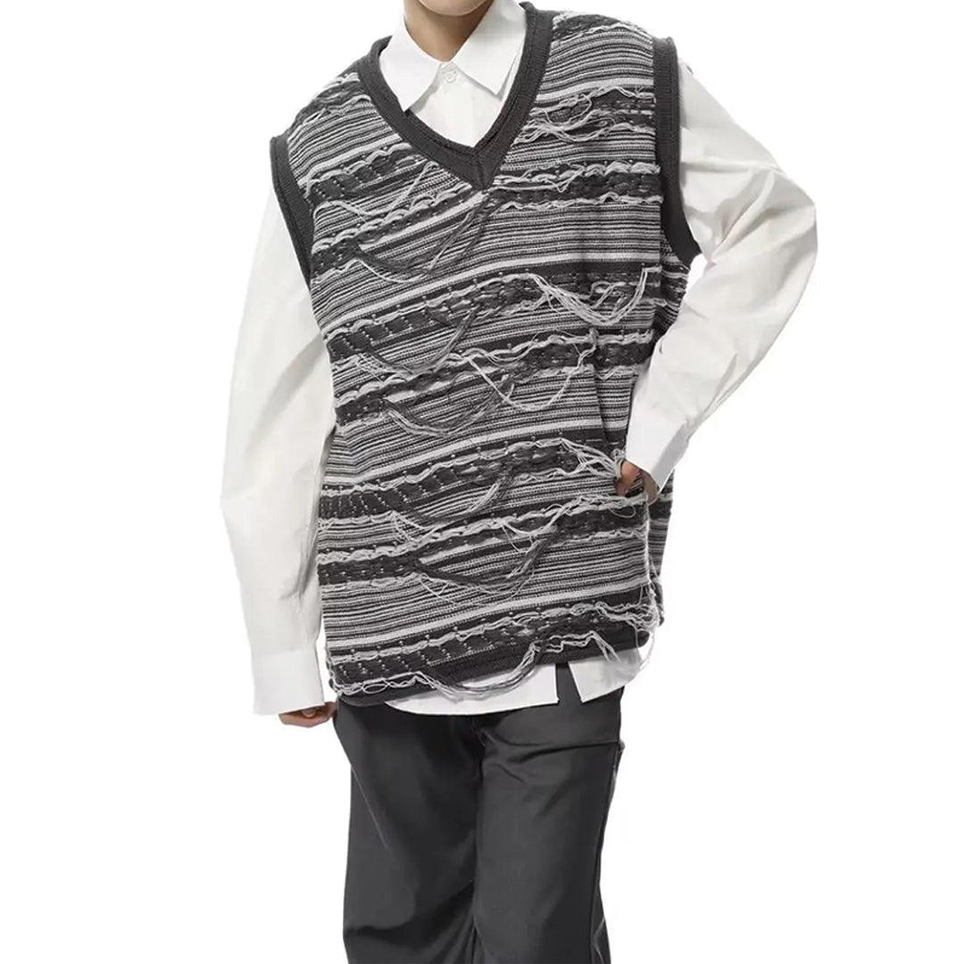 Purple Frayed Knit Vest With Distressed Detailing V Neck Sleeveless Menswear Inspired Coachella Style