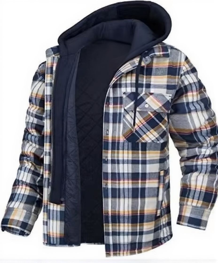 Mens Winter Thick Hooded Plaid Jacket Warm Insulated Casual Trendy Outerwear TrendAura