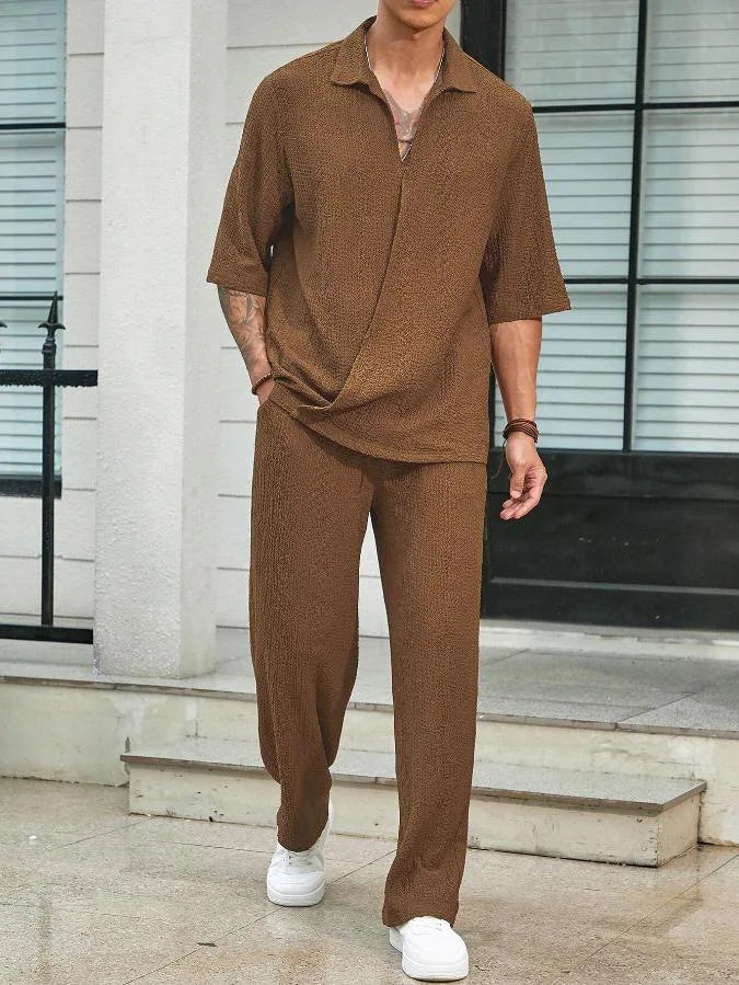 Max Men Two Piece Summer Shirt And Pants Set Breathable Lightweight Loose Fit Casual Style