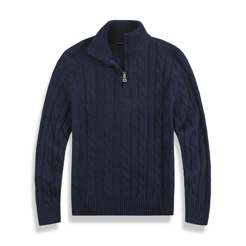 TrendAura Henry Half Zip Cable Knit Sweater Wool Cotton Blend For Men With High Collar And Ribbed Details