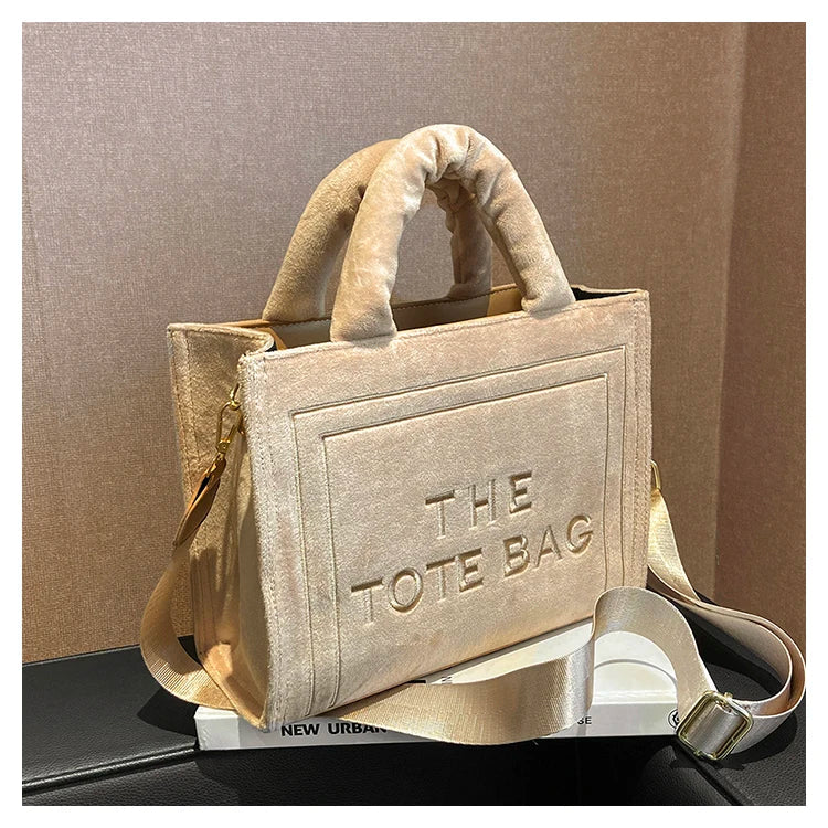 TrendAura Statement Tote Bag - Soft Velour With Original Letter Print, Spacious Interior, Square Tote, Optional Strap